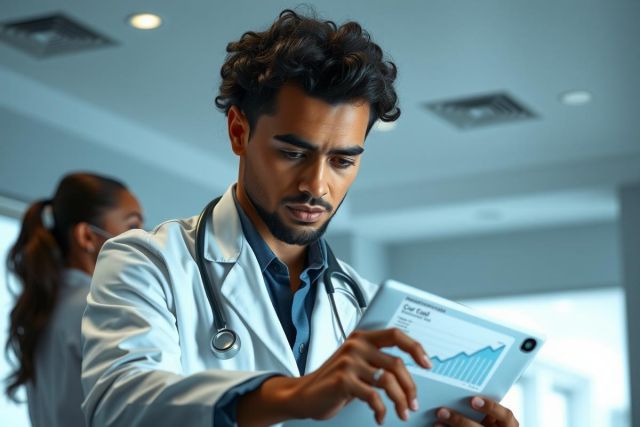 A male doctor in a white coat examines a tablet displaying a graph. The scene appears to be in a modern hospital setting. Focus on healthcare, data analysis, and medical technology.