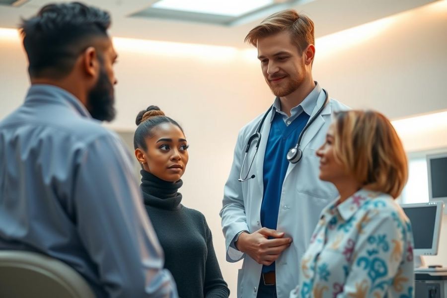 Doctor consults with patients in a modern clinic. The scene shows a healthcare professional wearing a white coat and stethoscope, engaged in a discussion with three individuals. Warm lighting and a clean environment create a professional atmosphere.
