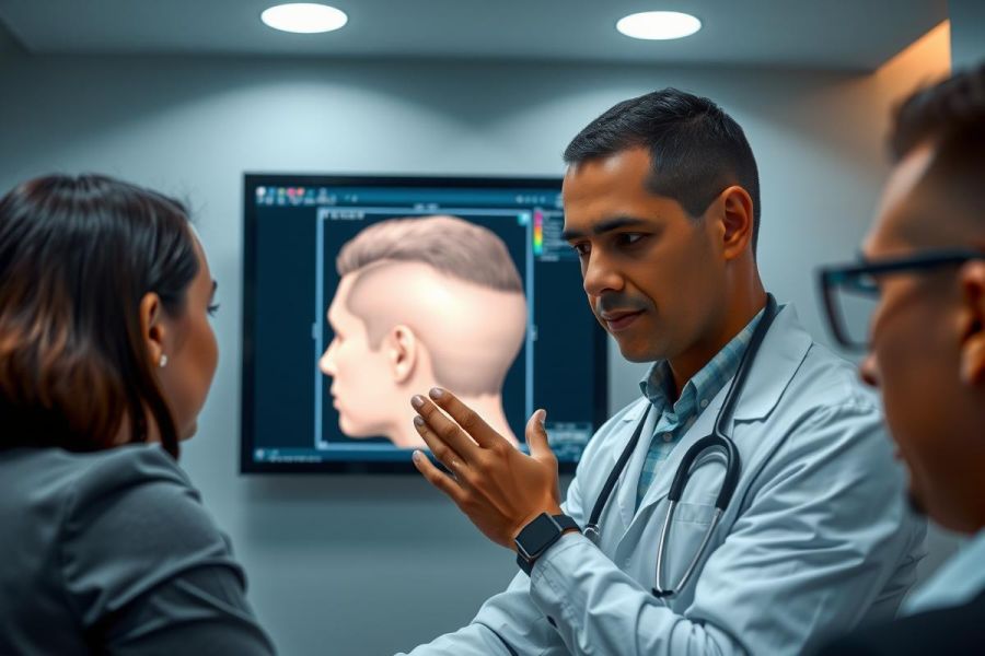 Doctor discussing medical scan results with colleagues in a hospital setting. Focus on patient diagnosis and healthcare professionals. Blue scrubs, focused discussion, medical imaging on screen.