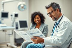 Doctor reviewing patient data in a modern clinic. A smiling male physician wearing glasses examines a graph while a female colleague looks on. The scene features a clean, bright environment with medical equipment and a focus on healthcare and analysis.