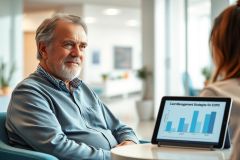 Business meeting in a modern office. A mature man with grey hair looks thoughtfully at a tablet displaying a cost management chart. Blue and white color scheme, professional setting, discussing data and strategy.