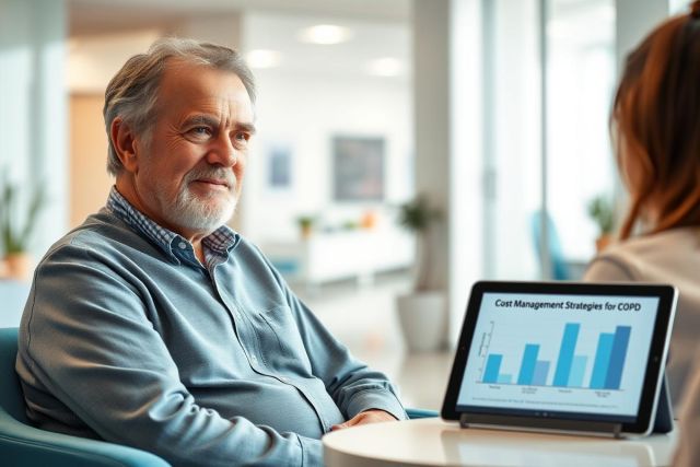 Business meeting in a modern office. A mature man with grey hair looks thoughtfully at a tablet displaying a cost management chart. Blue and white color scheme, professional setting, discussing data and strategy.