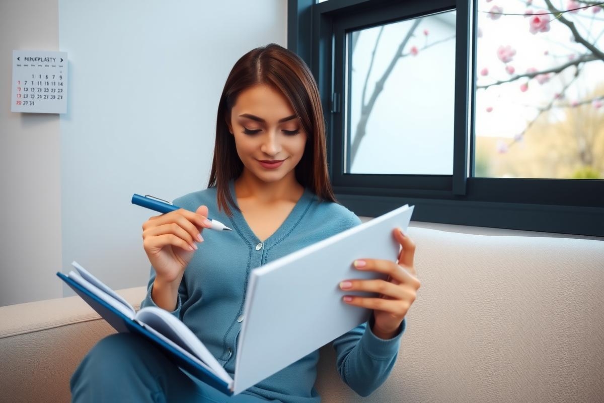 A woman is sitting on a couch, holding an open book and pen, as if she's reading or writing. She has her hair pulled back and is wearing a blue top with a V-neckline. The room has a modern feel with a large window revealing a view of trees outside.