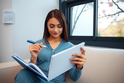 A woman is sitting on a couch, holding an open book and pen, as if she's reading or writing. She has her hair pulled back and is wearing a blue top with a V-neckline. The room has a modern feel with a large window revealing a view of trees outside.