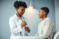 A doctor in a white coat consults with a young man in a bright, modern clinic. The scene features a calming blue wall and a focus on healthcare and patient care.  A medication inhaler rests on the table, suggesting respiratory health concerns. 