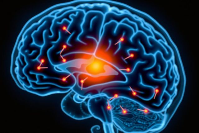 The image shows a 3D rendering of the human brain with a close-up view on a specific region. This part of the brain has been highlighted in red, indicating focus or activity within that area. The colors are vibrant and contrasting, emphasizing brain functions and connections.