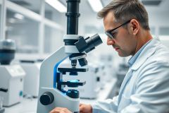 Scientist in a modern lab examining a microscope. The image showcases research, science, and laboratory work with a focus on medical or biological analysis. Clean white environment, blue microscope light, and a man in a lab coat are key elements.