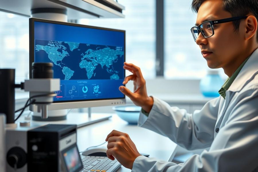 Scientist examining a digital world map on a computer screen in a lab. He's wearing a lab coat and glasses, focused on data analysis. A modern research environment.
