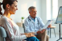 Doctor reviewing patient's records in a bright, modern clinic. A woman sits nearby, possibly awaiting consultation. The scene suggests healthcare, medical examination, or patient care in a professional setting.