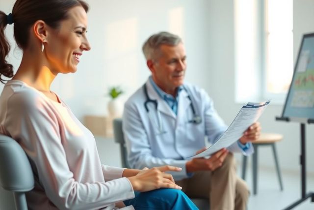 Doctor reviewing patient's records in a bright, modern clinic. A woman sits nearby, possibly awaiting consultation. The scene suggests healthcare, medical examination, or patient care in a professional setting.