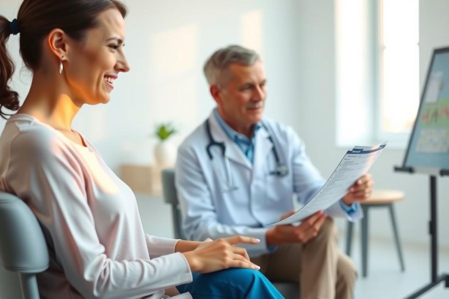 Doctor reviewing patient's records in a bright, modern clinic. A woman sits nearby, possibly awaiting consultation. The scene suggests healthcare, medical examination, or patient care in a professional setting.