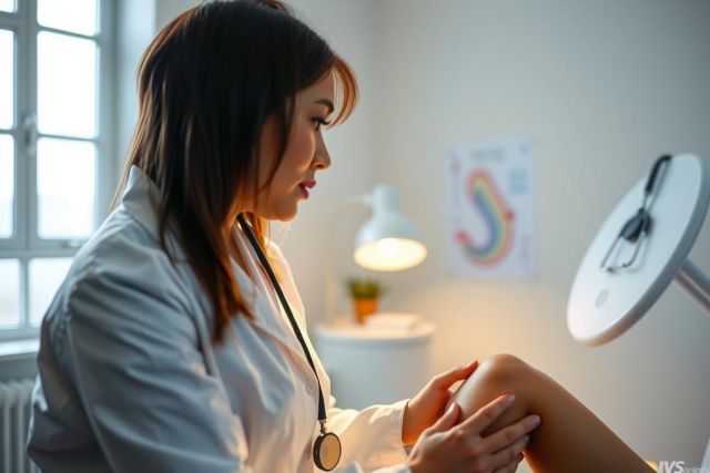 A female doctor in a white coat examines a patient's knee, with a bright, airy room and natural light visible in the background. Focus on medical examination, healthcare, and a modern, clean environment.