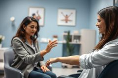 Two women in a therapy session. One appears to be a therapist, gesturing while the other listens attentively. The setting is a modern, blue-toned office with artwork on the wall. Focus on mental health, counseling, and wellness.