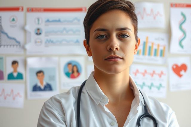 The image shows a professional female doctor, likely a general practitioner, in a well-lit office environment. She is wearing a white coat with a stethoscope around her neck. The background features numerous colorful charts and graphs suggesting medical data analysis or patient health information.