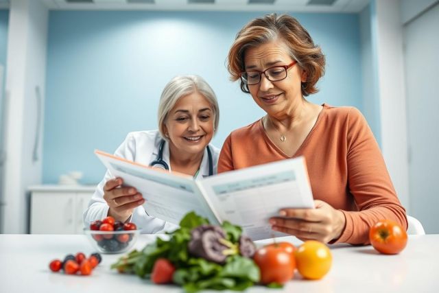 Doctor and patient reviewing a nutrition plan in a bright, modern clinic. Fresh fruits and vegetables like tomatoes, berries, and leafy greens are displayed on a table, promoting healthy eating and wellness. Focus on senior health, dietary advice, and preventative care.