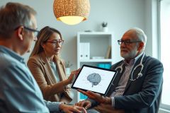 Doctor presenting brain scan on tablet to patient during consultation. Healthcare professional, medical diagnosis, neurological examination, digital imaging, patient care, modern clinic setting.