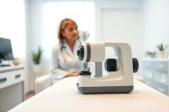 Eye exam equipment in an ophthalmology clinic. A slit lamp is prominently displayed on a white surface with a blurred optometrist in the background. Clean, bright interior with neutral colors evokes a professional healthcare setting. Focus on eye care and vision testing.