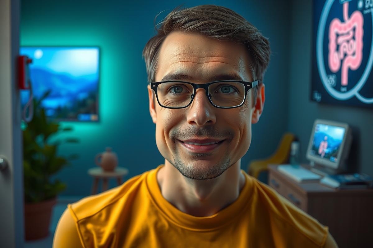 The image features a person wearing glasses and a yellow top. The individual is seated at a desk with various items such as a monitor, keyboard, and potted plant in the background.