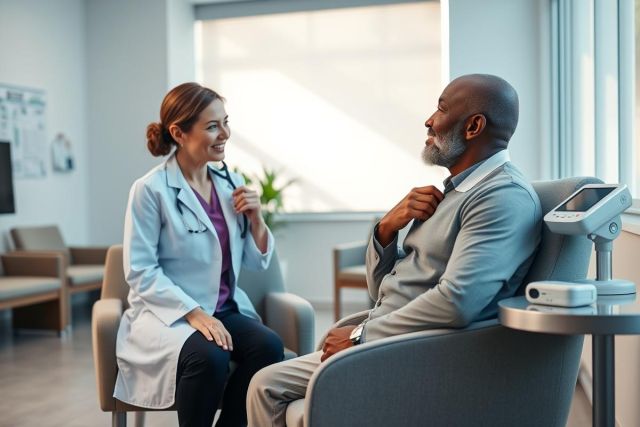 Doctor consults with a senior male patient in a modern healthcare clinic. The image depicts a medical examination with a stethoscope, featuring warm tones and a professional, reassuring atmosphere. Focus on patient care and healthcare services.