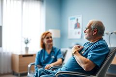 Healthcare scene: A senior man in a blue shirt and stethoscope sits in a chair, being attended to by a smiling nurse in a blue uniform. The setting is a bright, light blue hospital or clinic room with medical posters visible. Focus on patient care and medical professionals.
