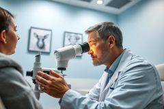 An optometrist examines a patient's eyes in a modern clinic. The doctor uses an ophthalmoscope during an eye exam. Blue walls and framed animal illustrations create a professional healthcare environment. Focus on eye care, vision, and medical examination.
