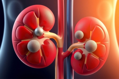 The image features a detailed medical illustration of the human kidneys, set against a background that could suggest an x-ray or medical scan. The kidneys are depicted in vivid colors with textures to denote the layers and structures within them.
