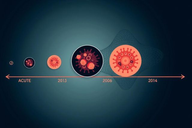 The image is a graphical illustration showing the evolution of virus particles from 2013 to 2014. Starting with a single, small red virus particle at the top left, and then adding more particles as it moves right across the image. The background transitions from black on the left to a lighter shade on the right, possibly indicating the time period each year is depicting.