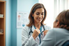 Friendly female doctor in a light blue exam room consults with a patient. She wears a white coat and stethoscope, smiling warmly. Healthcare, medical consultation, and patient care are evident in this bright, professional image.