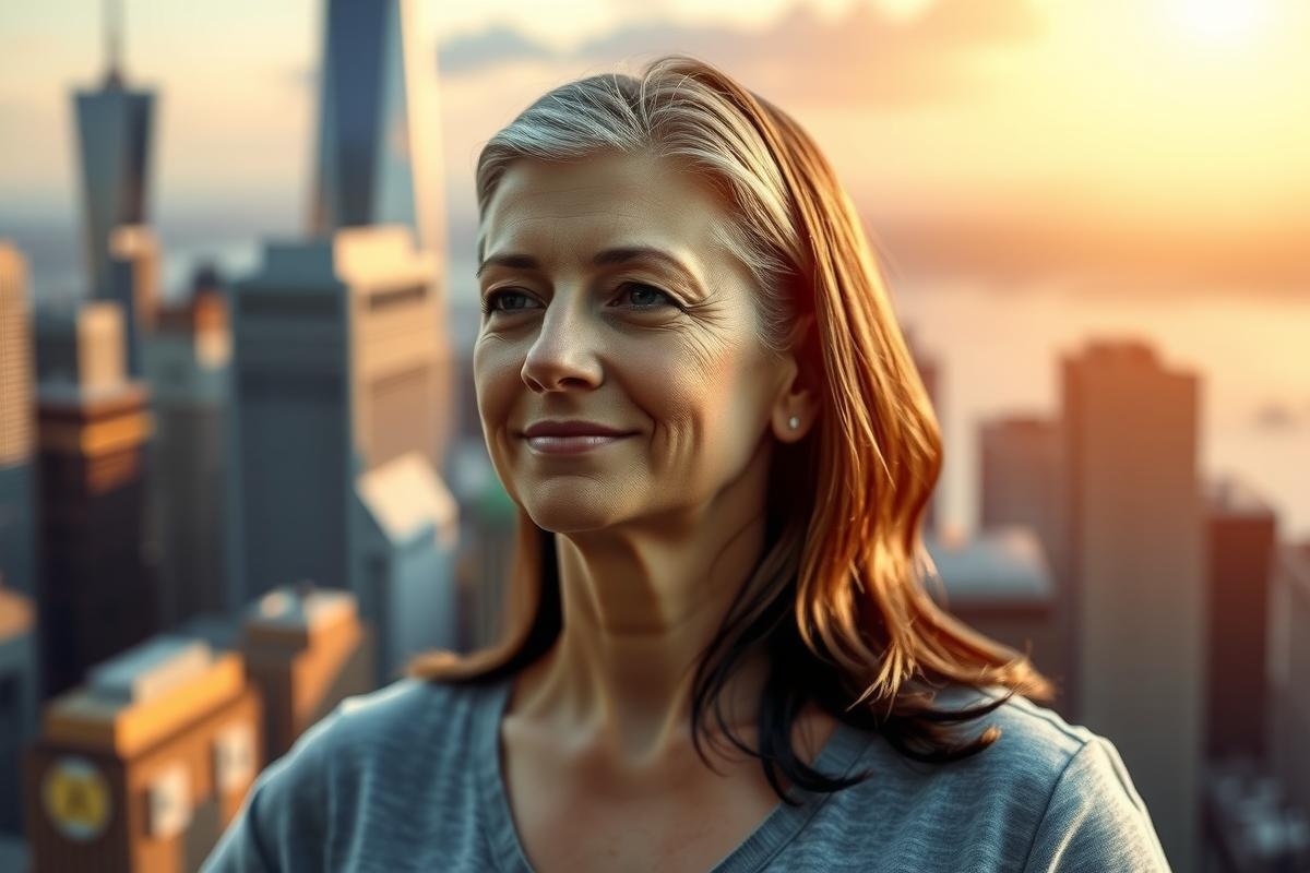 The photograph shows a smiling woman in the foreground, probably in her 40s or 50s. She has short hair and is wearing a casual blouse. Behind her is a cityscape that looks like a sunrise or sunset due to the warm lighting.