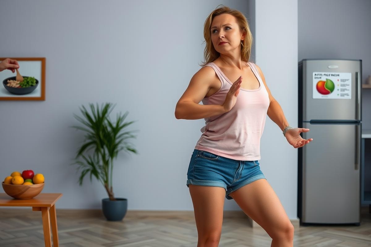 In the image, there is a woman in a pink tank top and blue shorts standing in an open concept living room. She appears to be engaged in physical activity, possibly dancing or exercising, as indicated by her dynamic posture with one hand extended outward and the other touching her thigh.