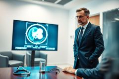 Doctor examining medical scan on screen in modern office. A man in a suit and glasses studies a blue and white image of a brain, with a stethoscope on the desk. Healthcare technology and diagnostics concept.