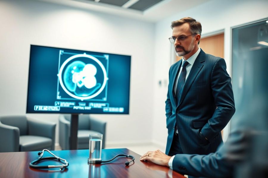 Doctor examining medical scan on screen in modern office. A man in a suit and glasses studies a blue and white image of a brain, with a stethoscope on the desk. Healthcare technology and diagnostics concept.