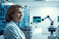 Female scientist in a modern laboratory setting. She's wearing a lab coat and gazing thoughtfully at multiple screens displaying complex data. The environment includes advanced scientific equipment and a robotic arm, suggesting research and technology. Cool blue and white tones dominate the scene.
