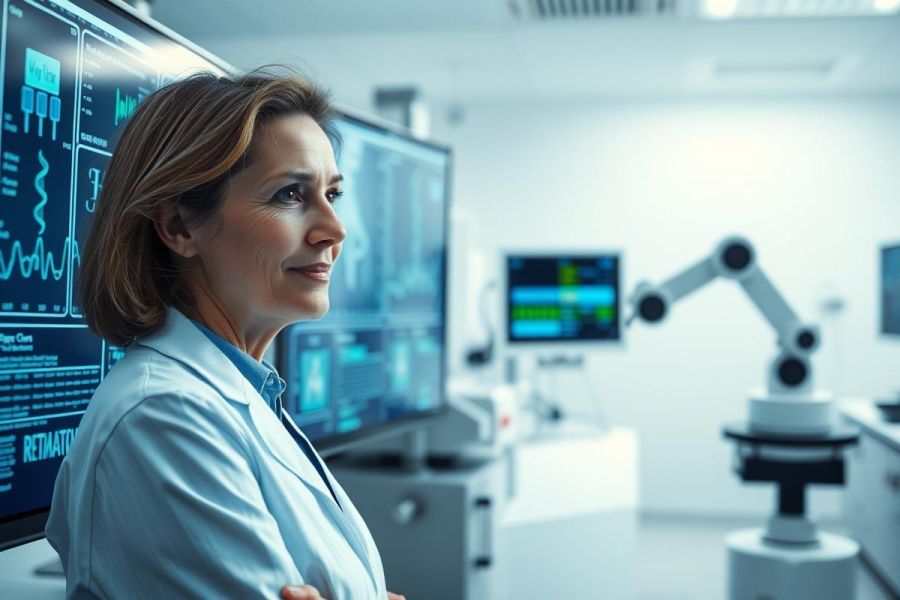 Female scientist in a modern laboratory setting. She's wearing a lab coat and gazing thoughtfully at multiple screens displaying complex data. The environment includes advanced scientific equipment and a robotic arm, suggesting research and technology. Cool blue and white tones dominate the scene.