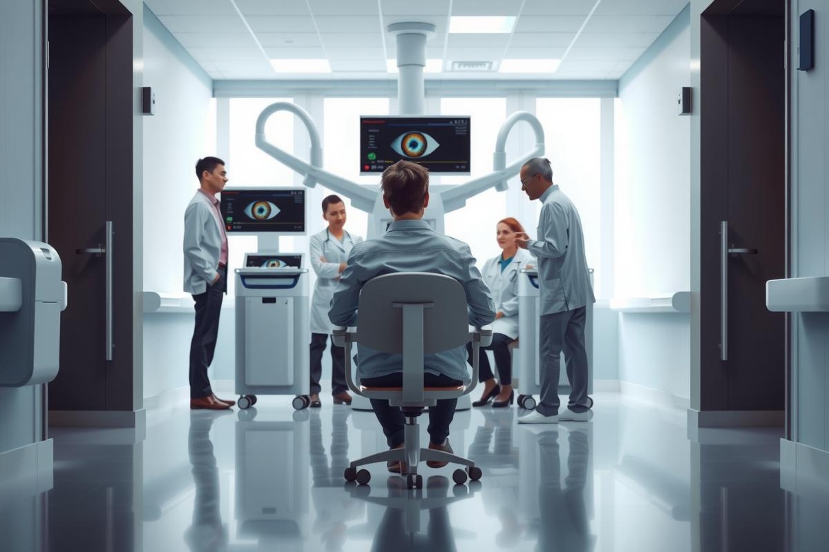 The image depicts a modern, well-lit medical examination room. There are five individuals in the scene: four wearing white lab coats and one seated at a table with his head turned to one side.