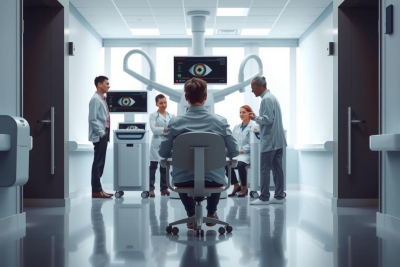 The image depicts a modern, well-lit medical examination room. There are five individuals in the scene: four wearing white lab coats and one seated at a table with his head turned to one side. 