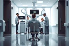 The image depicts a modern, well-lit medical examination room. There are five individuals in the scene: four wearing white lab coats and one seated at a table with his head turned to one side. 
