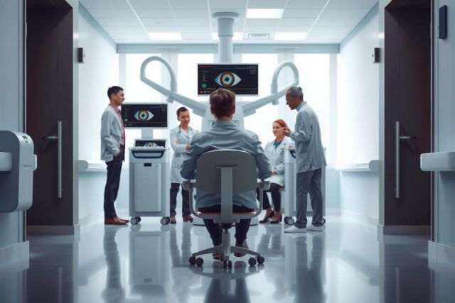 The image depicts a modern, well-lit medical examination room. There are five individuals in the scene: four wearing white lab coats and one seated at a table with his head turned to one side. 