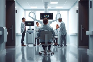 The image depicts a modern, well-lit medical examination room. There are five individuals in the scene: four wearing white lab coats and one seated at a table with his head turned to one side. 