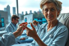 The image portrays a healthcare scene where doctors are interacting with a patient in a modern medical facility. The central focus is on the two female doctors, each wearing a white coat, signifying their professional roles. They appear engaged and attentive to the patient. 