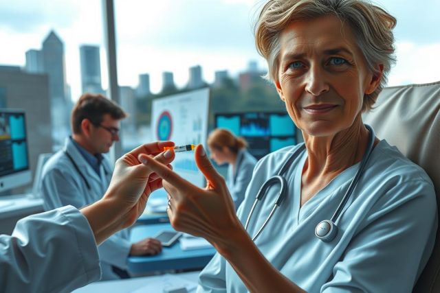 The image portrays a healthcare scene where doctors are interacting with a patient in a modern medical facility. The central focus is on the two female doctors, each wearing a white coat, signifying their professional roles. They appear engaged and attentive to the patient. 