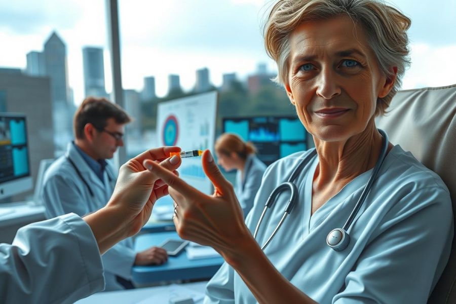 The image portrays a healthcare scene where doctors are interacting with a patient in a modern medical facility. The central focus is on the two female doctors, each wearing a white coat, signifying their professional roles. They appear engaged and attentive to the patient. 