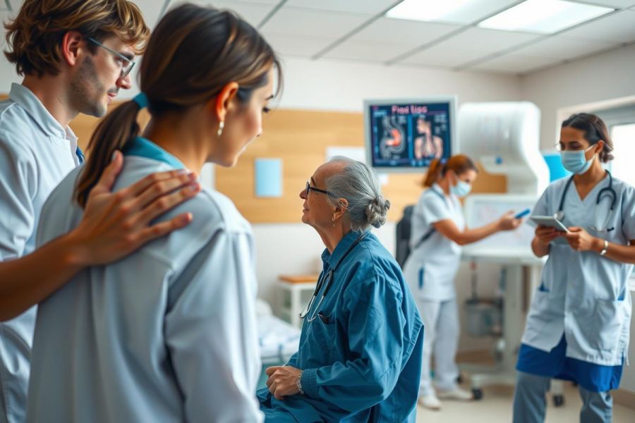 This image depicts a group of medical professionals in an operating room. There is a patient on the table, surrounded by medical equipment and staff attending to their needs.