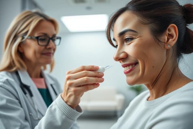 A doctor in a white coat examines a patient's eye with an eyedropper in a bright, modern clinic. The scene features warm skin tones and a focus on healthcare and eye care.