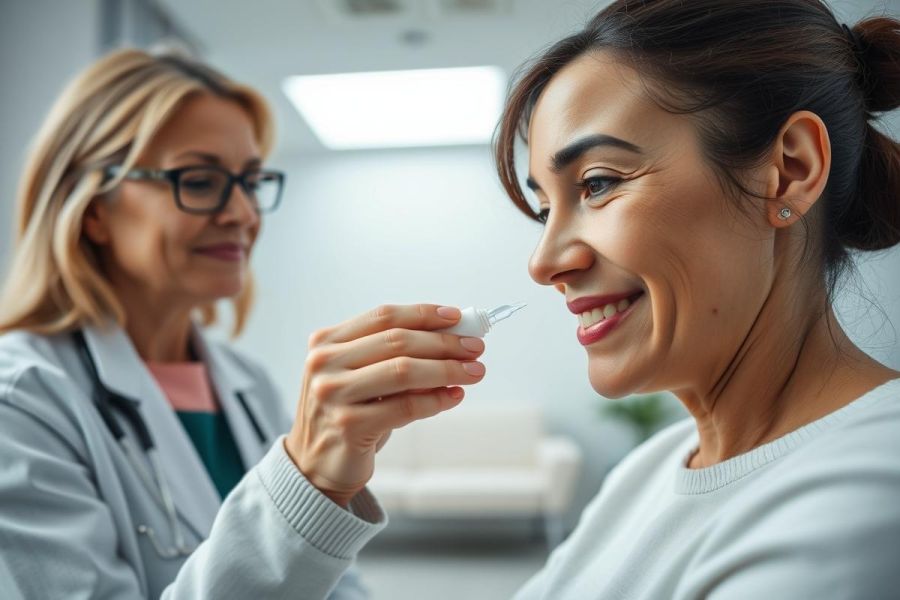 A doctor in a white coat examines a patient's eye with an eyedropper in a bright, modern clinic. The scene features warm skin tones and a focus on healthcare and eye care.
