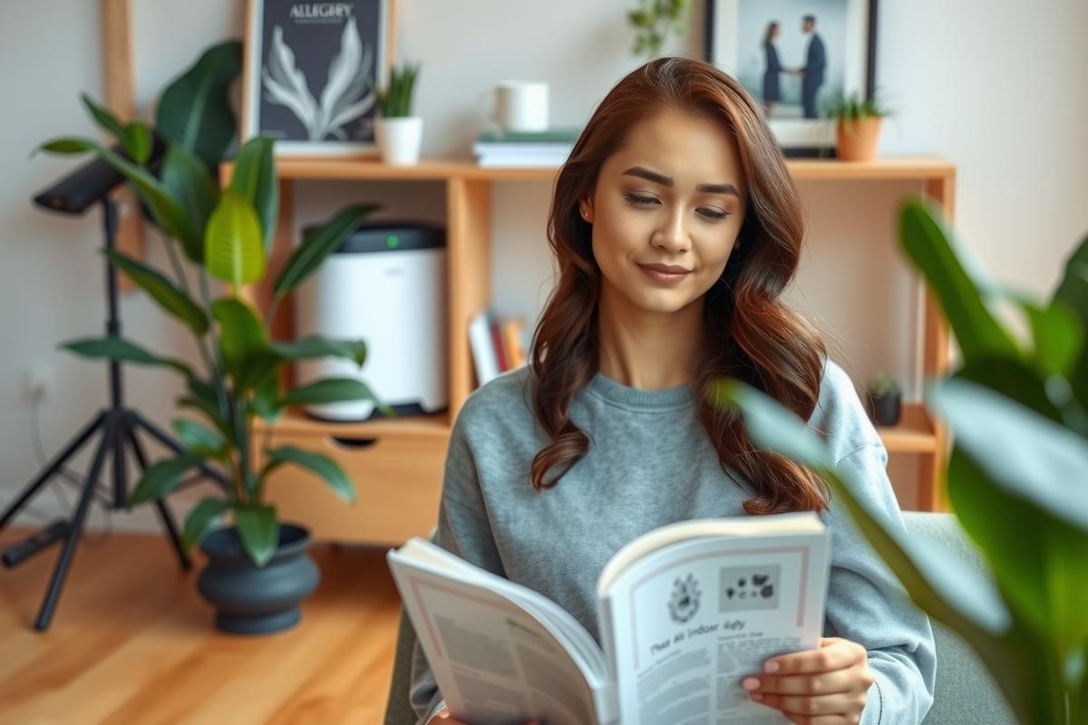 The image shows a woman sitting comfortably in what appears to be an indoor environment, possibly her living or working space. She is holding a book and seems to be engaged with the content of the pages. Her attire is casual, featuring a gray top and she has a warm smile on her face. The room has modern furnishings including a shelf with plants, a potted plant, and a small figure or doll in the background. The overall mood of the image is cozy and relaxed.