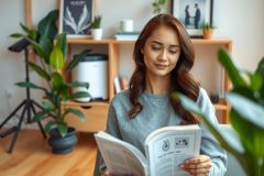 The image shows a woman sitting comfortably in what appears to be an indoor environment, possibly her living or working space. She is holding a book and seems to be engaged with the content of the pages. Her attire is casual, featuring a gray top and she has a warm smile on her face. The room has modern furnishings including a shelf with plants, a potted plant, and a small figure or doll in the background. The overall mood of the image is cozy and relaxed.
