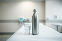 Stainless steel water bottle and a glass of water on a white table. A modern, minimalist office or breakroom setting with neutral beige walls in the background. Focus on hydration and wellness in a clean, contemporary environment.