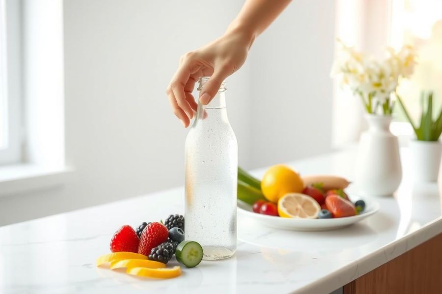 Fresh fruit arrangement with strawberries, blueberries, lemon, and orange on a white marble surface. A glass bottle and vase with flowers add a bright, natural still life aesthetic.