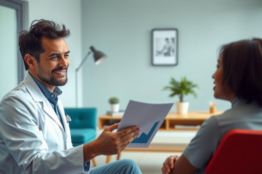 Doctor in a white coat discusses a chart with a patient in a modern office. Healthcare consultation, medical professional, patient care, blue and red accents in a brightly lit room.